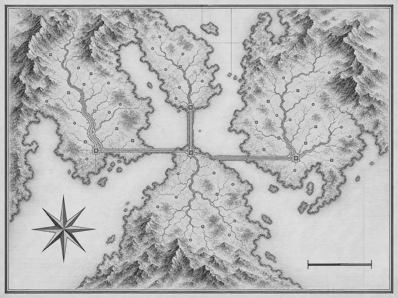 Engraved atlas sheet of an invented republic: three river basins joined by straight canal corridors, hatched relief, a graticule, and a seven-ray compass rose.