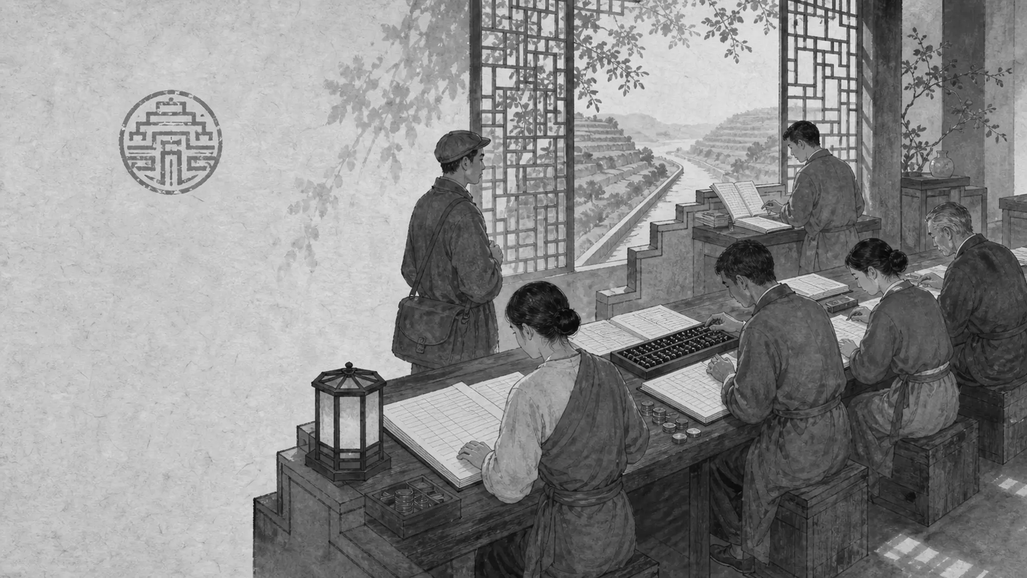 Ink-and-wash interior of accountants at a long bench with ruled ledgers and an abacus; a courier waits with a satchel.