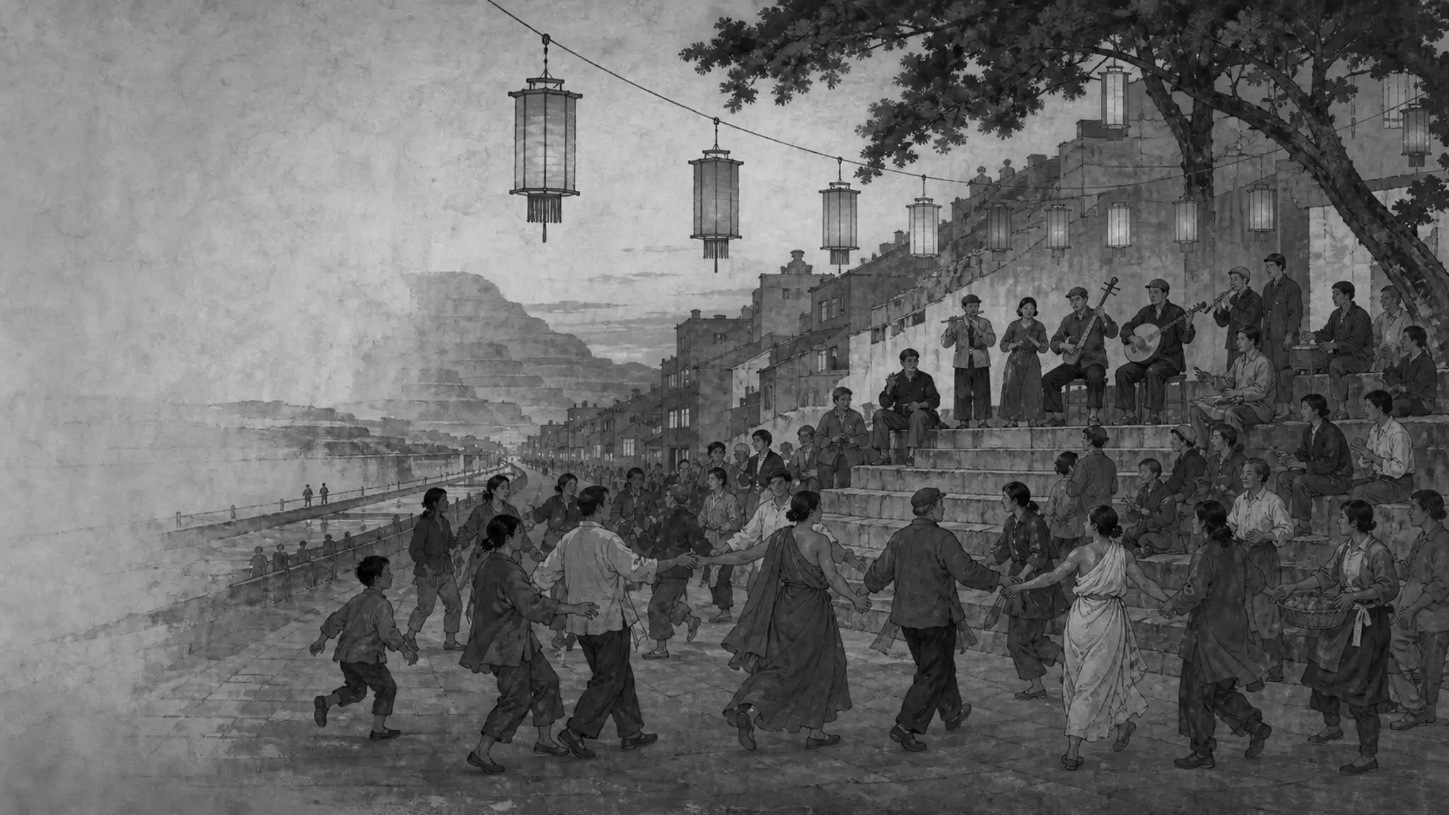 Mural of a dusk street festival: a folk band on a stepped stage, dancers in a ring, seven-beam paper lanterns overhead.