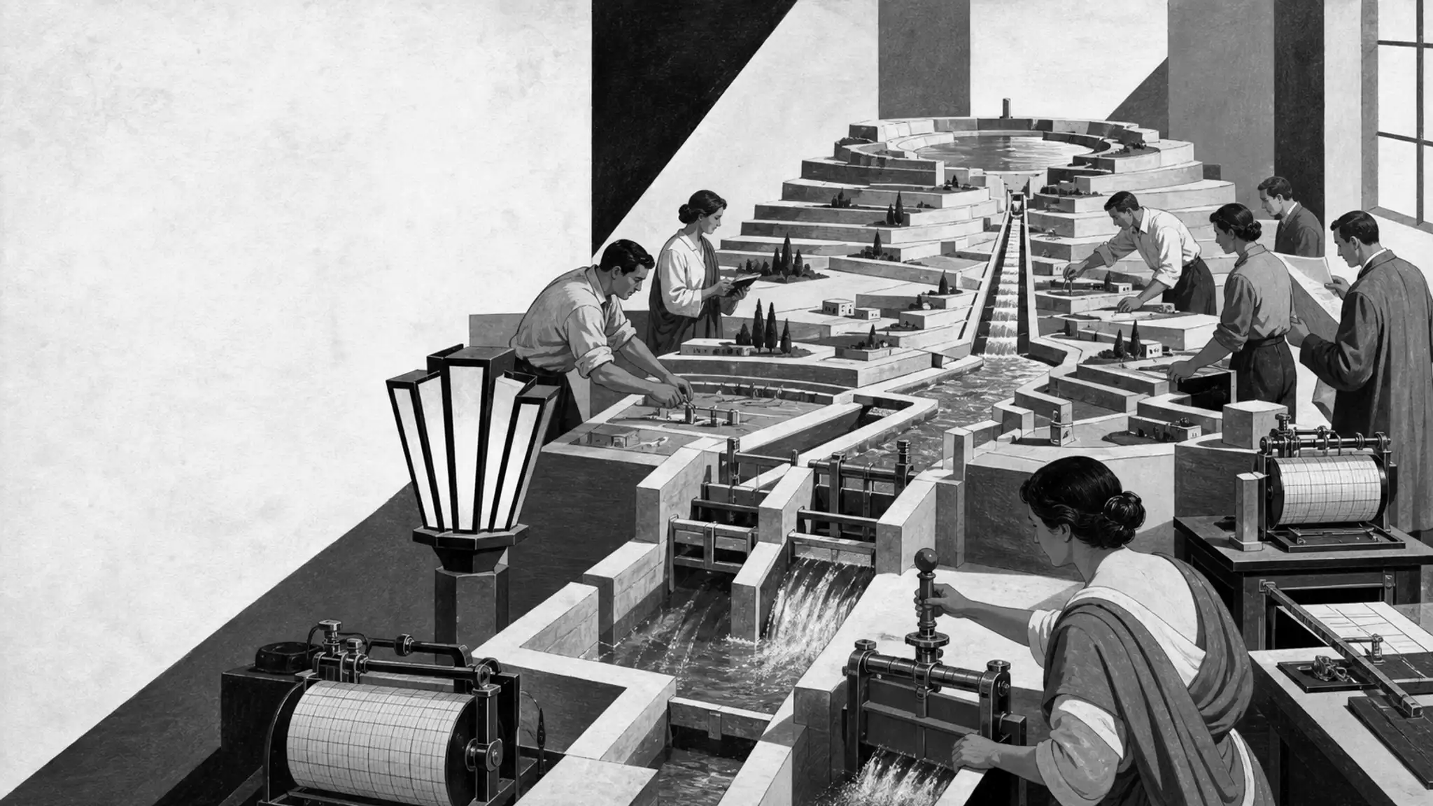 Retro-futurist poster of a planning room built around a mechanical river-basin model with running water; planners adjust brass sluice gates.
