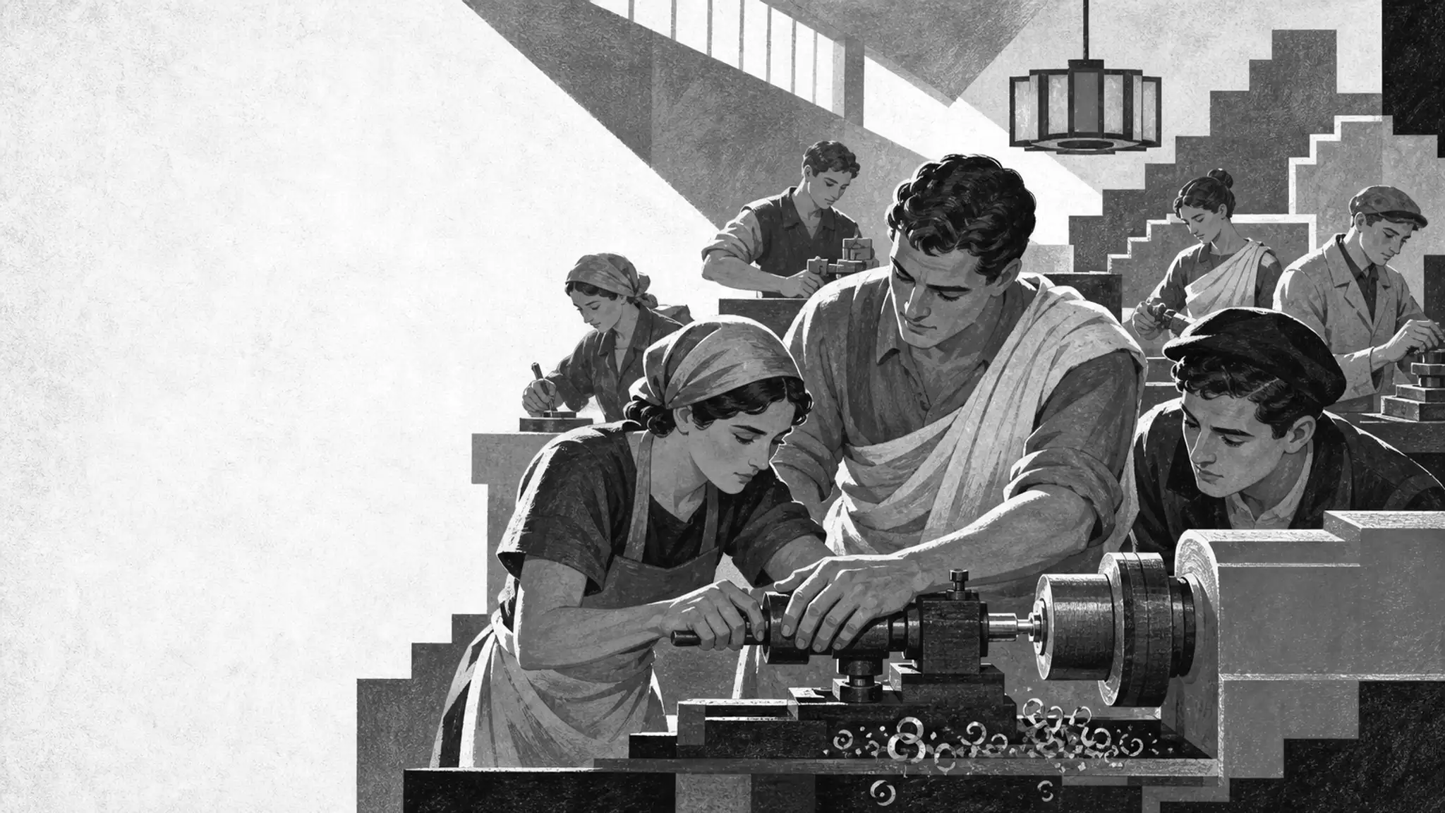Flat poster of apprentices around a bench lathe, an instructor’s hands guiding a learner’s, strong diagonal light from a clerestory.
